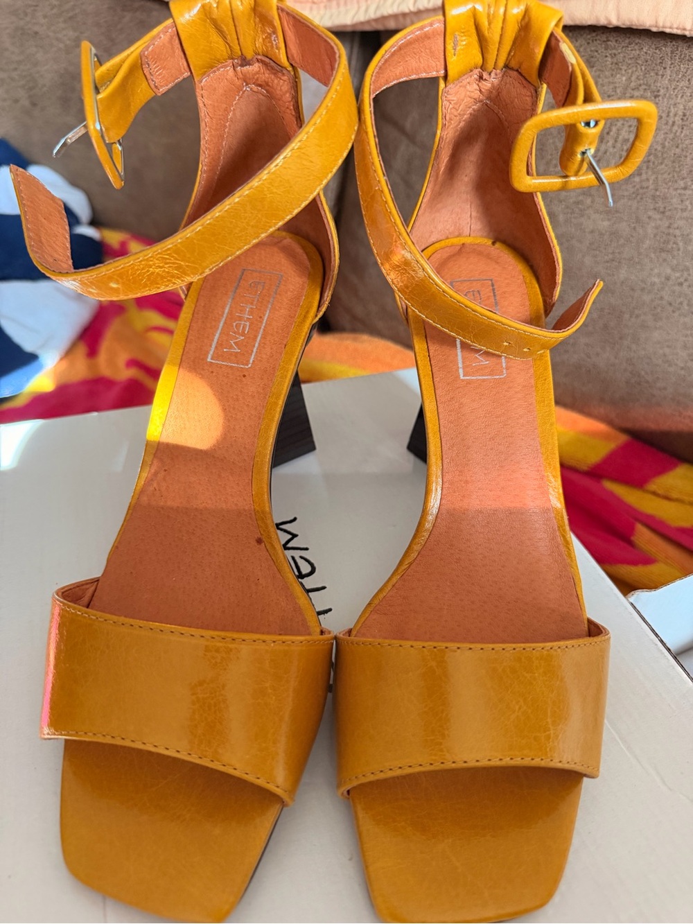 Yellow Patent Ankle-Strap Block Heel Sandals - WOMEN,,gold in color